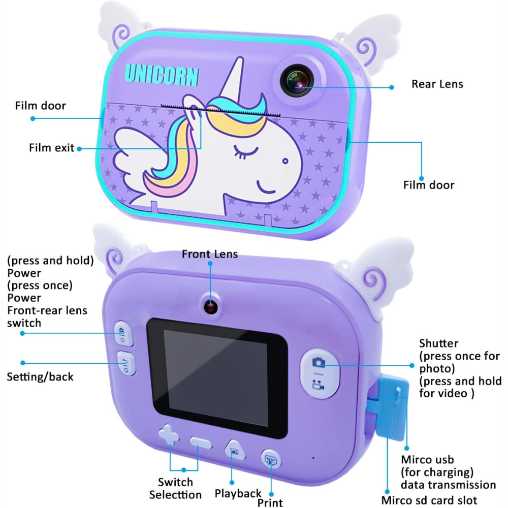 Cámara Instantánea Para Niños Doble Lente Hd 1 Rollos + Sd