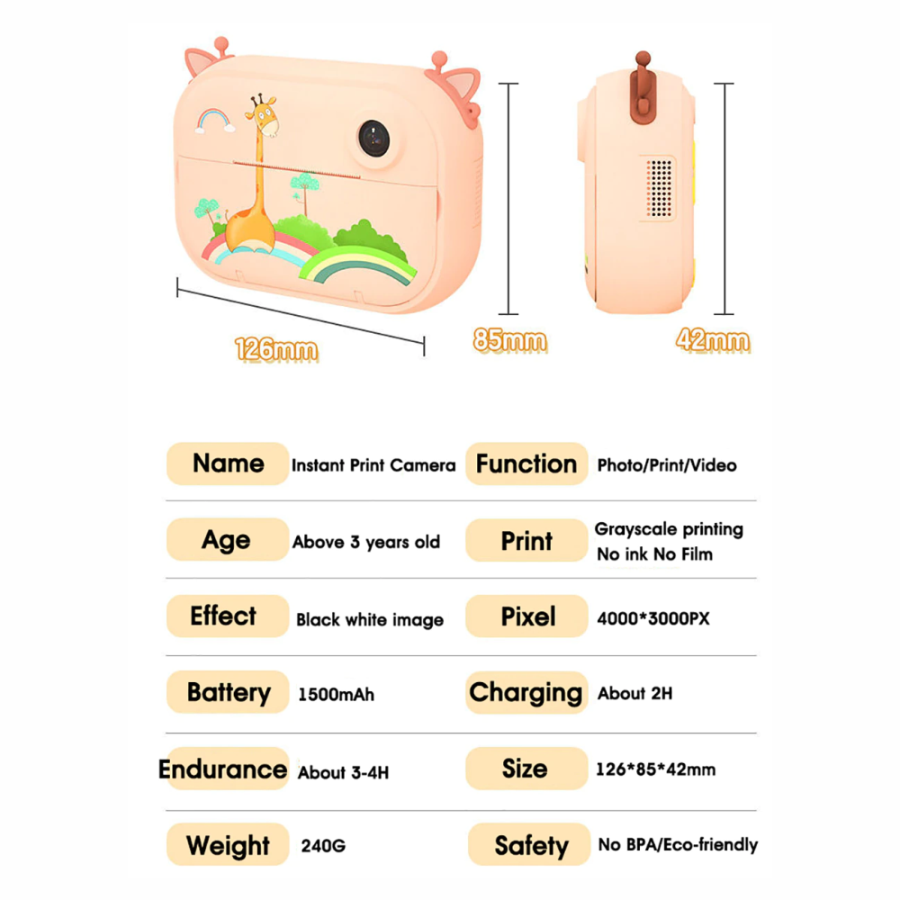 Cámara Instantánea Para Niños Doble Lente Hd 1 Rollos + Sd