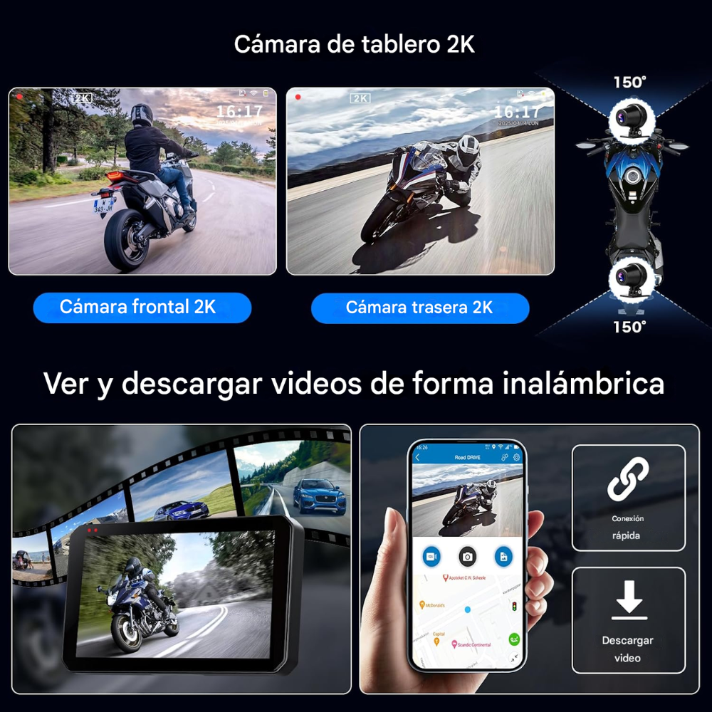 Usb Carplay Dvr Portátil Motos Camaras 2k Wifi Bluetooth Gps