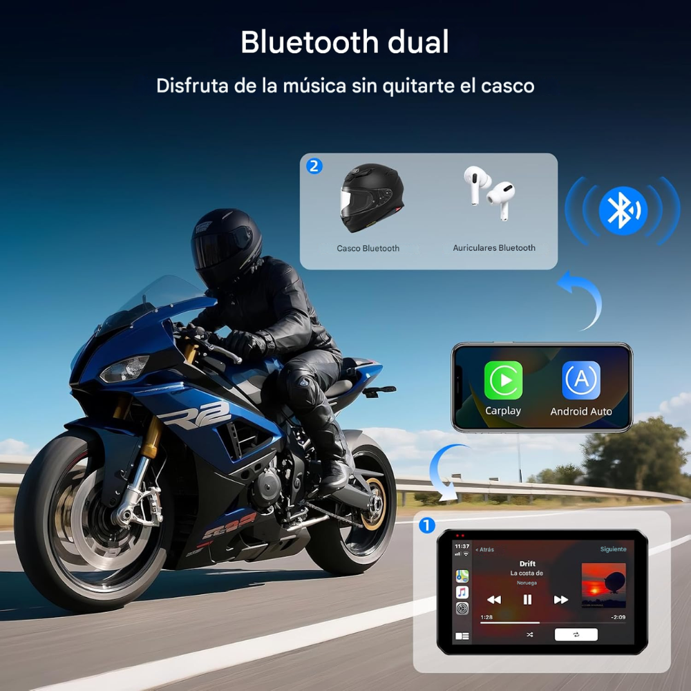 Usb Carplay Dvr Portátil Motos Camaras 2k Wifi Bluetooth Gps