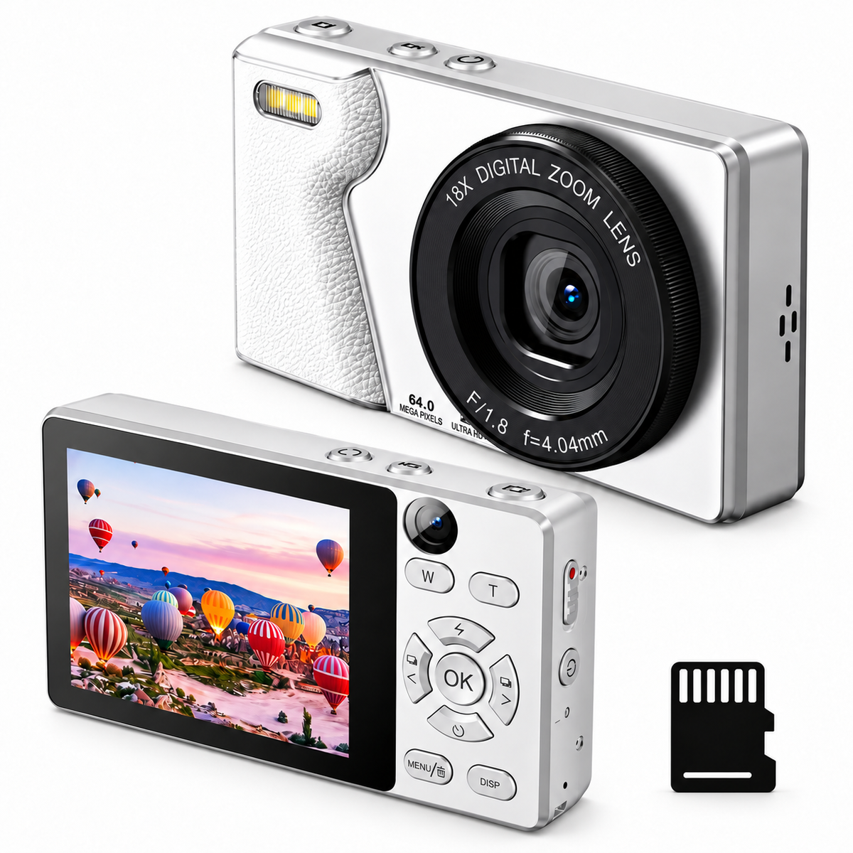 Cámara digital compacta 64 MP con zoom 18X, pantalla LCD y flash