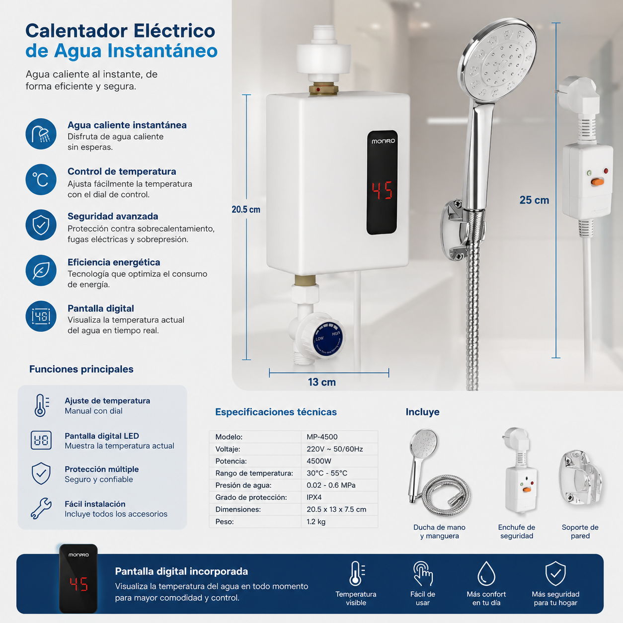 Ducha Calentador Eléctrica Instantánea Con Control De Temperatura Y Pantalla Led
