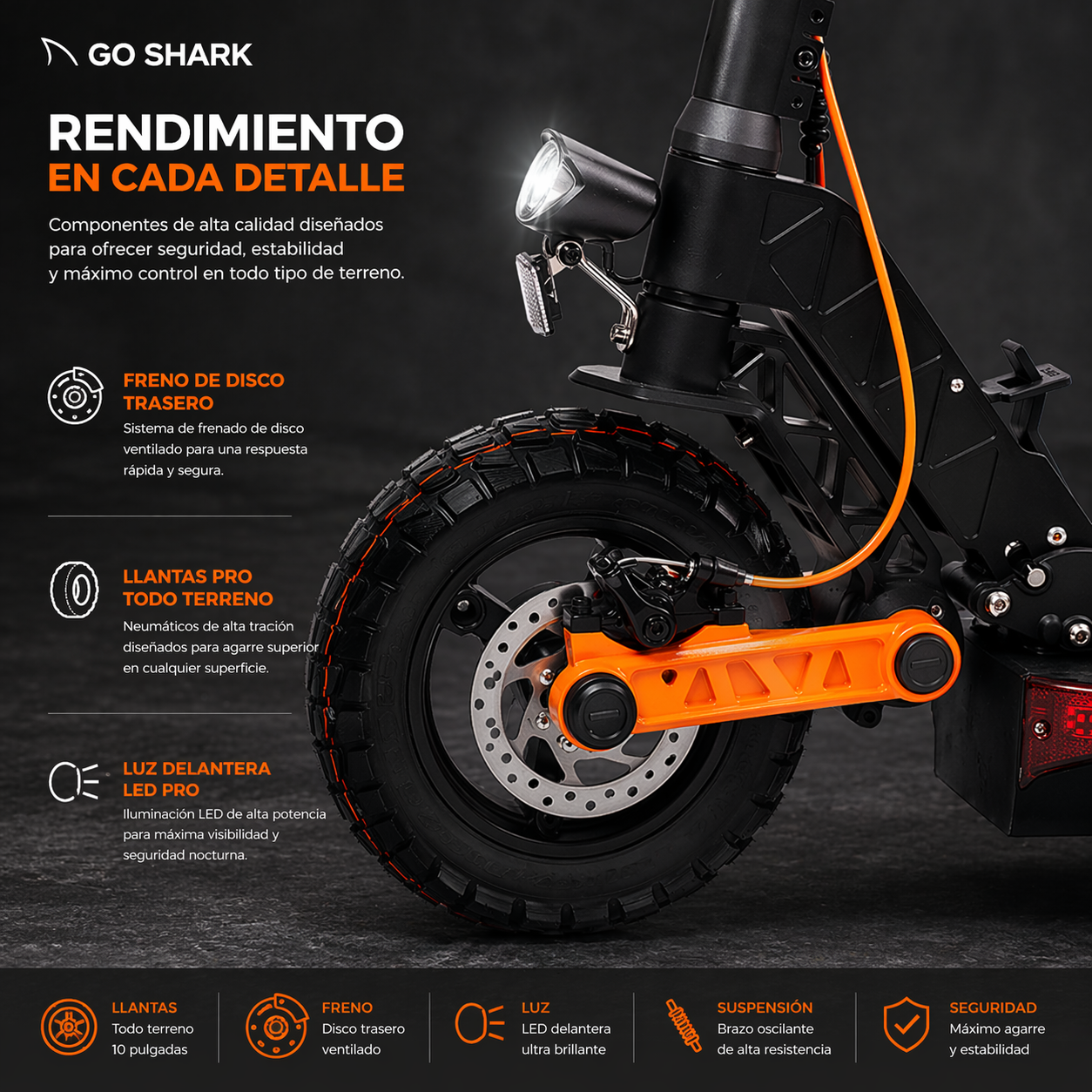 Scooter Patineta Eléctrica Pro Go Shark 800W Pantalla Digital Rueda Ancha