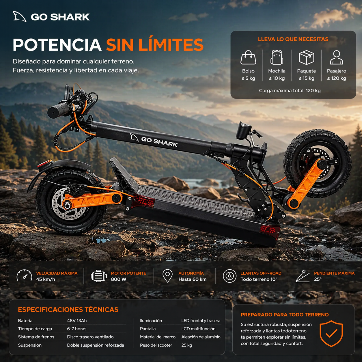 Scooter Patineta Eléctrica Pro Go Shark 800W Pantalla Digital Rueda Ancha