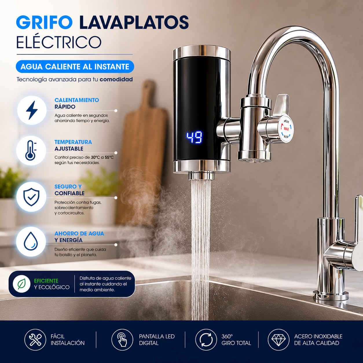 Grifo Calentador De Agua Eléctrico Instantáneo Para Cocina Con Display Led