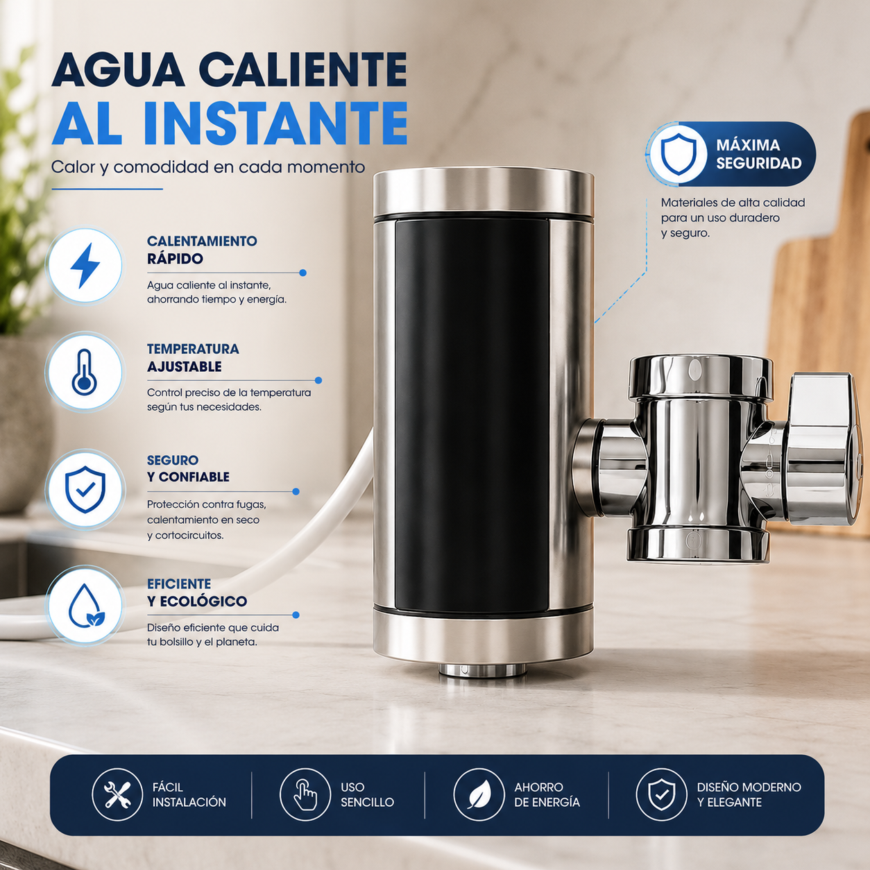 Grifo Calentador De Agua Eléctrico Instantáneo Para Cocina Con Display Led