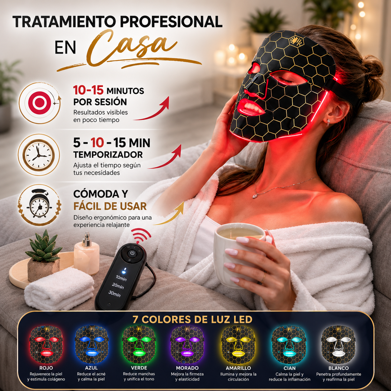 Mascarilla Led Facial 7 Colores Terapia De Luz Antiedad