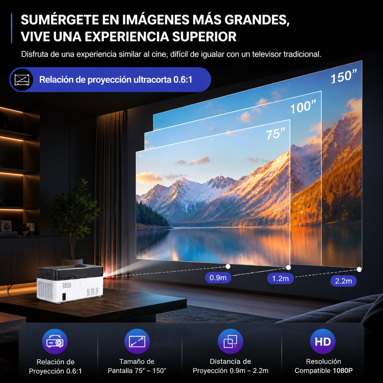 Video Beam Proyetor Tiro Corto Hy450 Wifi 6 Led 900 Ansi
