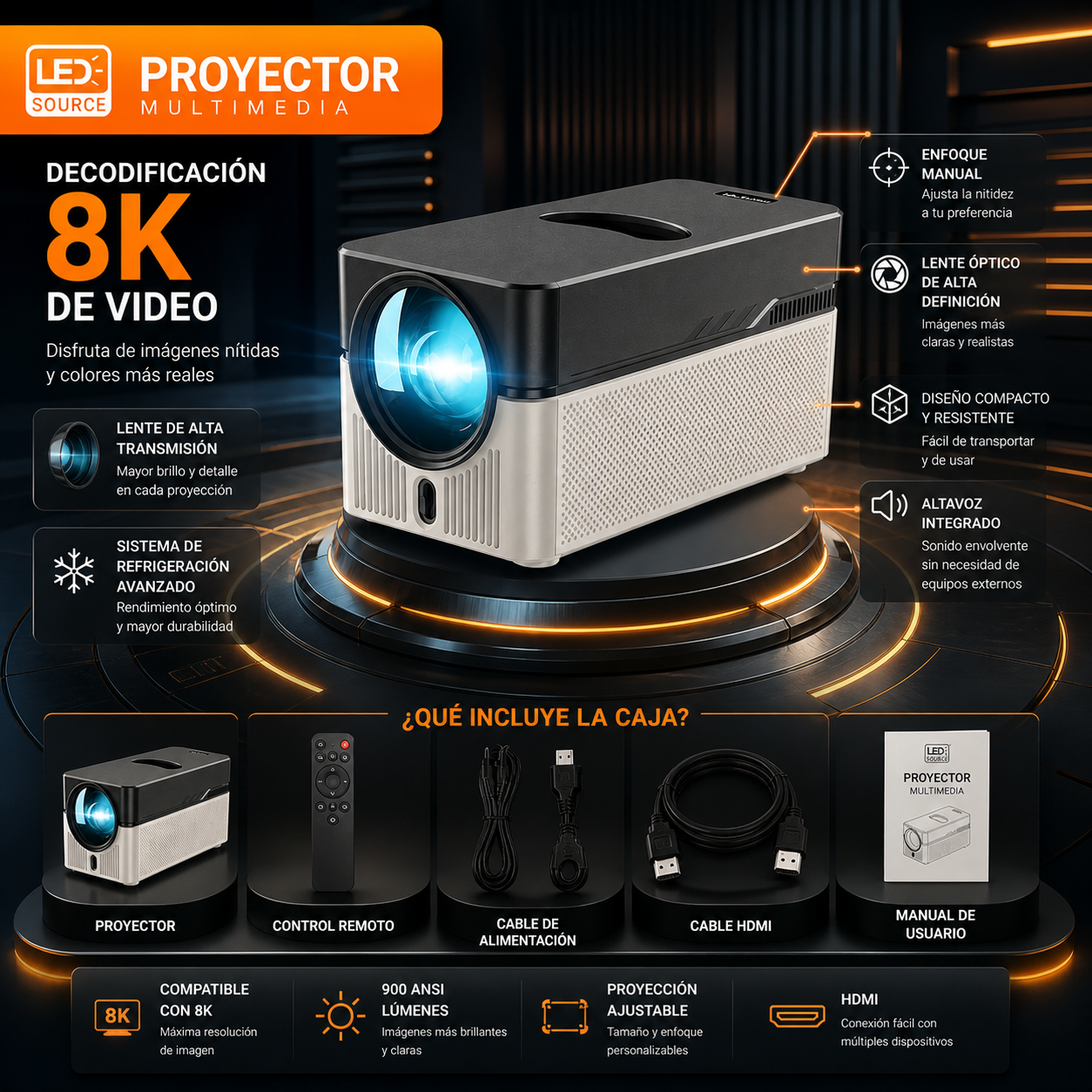 Video Beam Proyetor Tiro Corto Hy450 Wifi 6 Led 900 Ansi