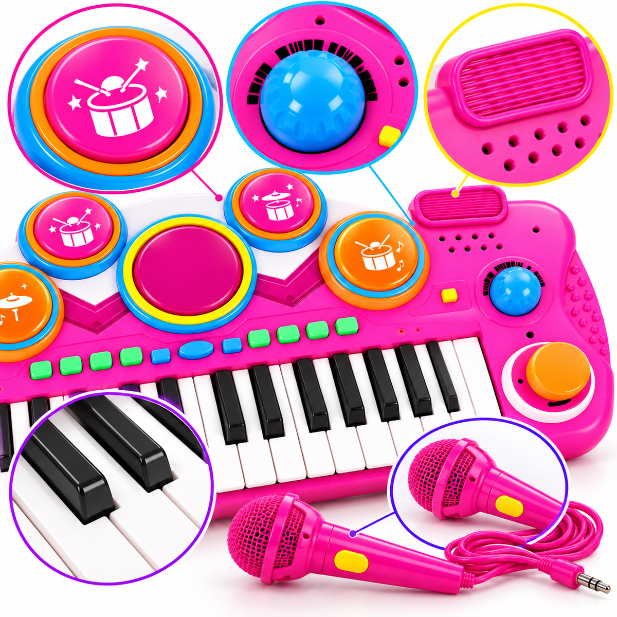 Piano Organeta Musical Infantil 37 Teclas Micrófono Rosado