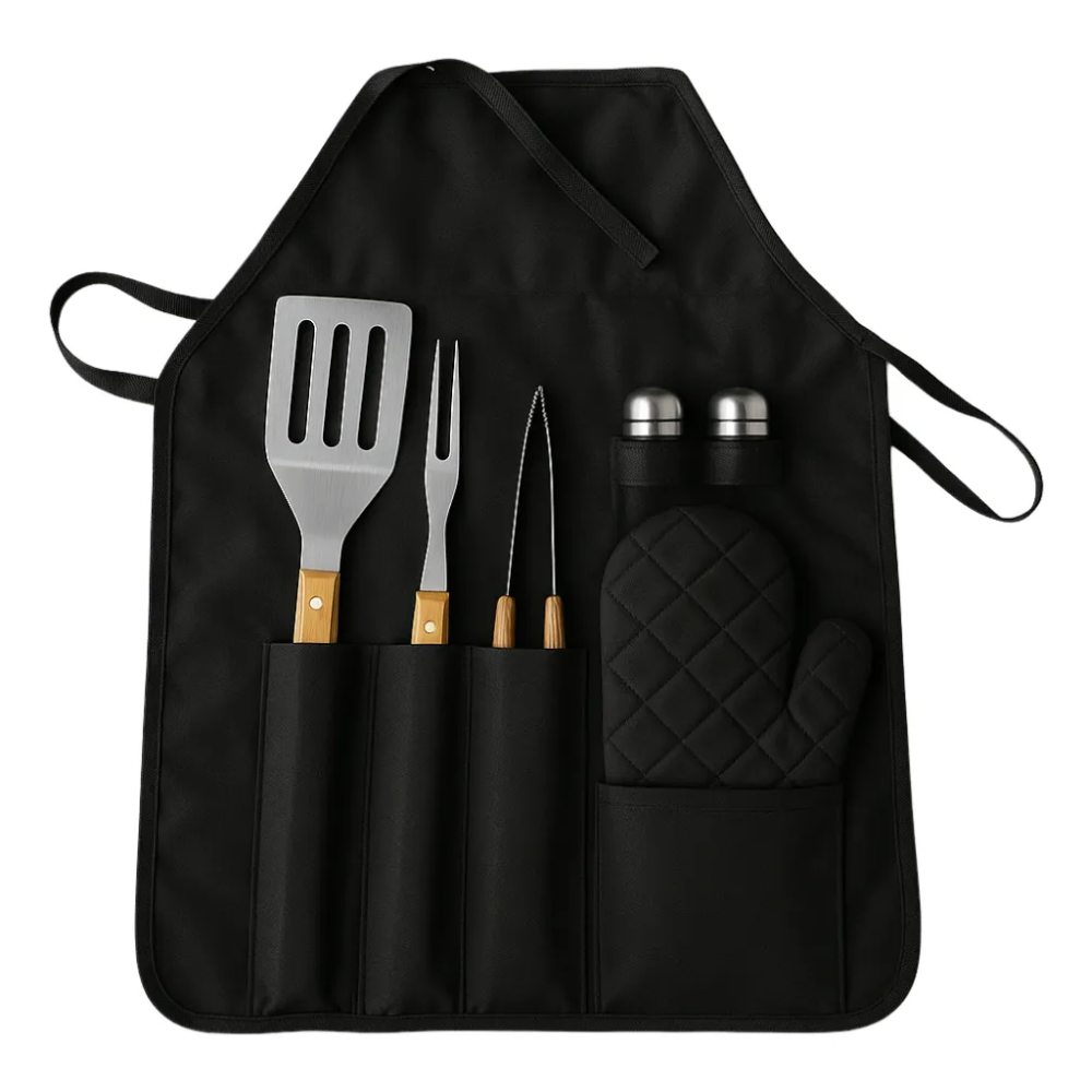 Kit Asados Parrilla Delantal 7 Pcs Utencilios Bbq Inoxidable