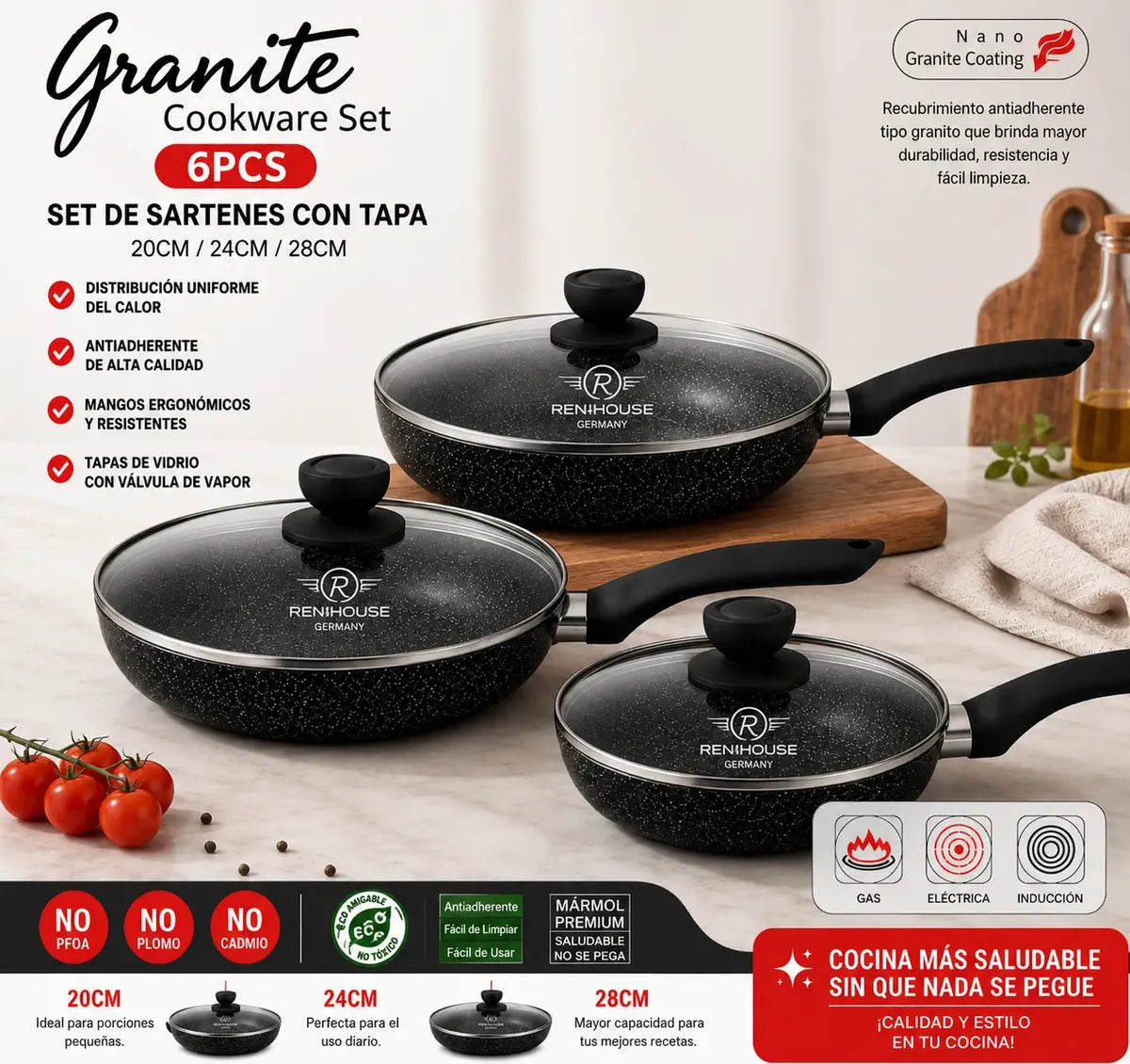 Set de sartenes Renahouse antiadherentes tipo granito con tapas, 6 piezas