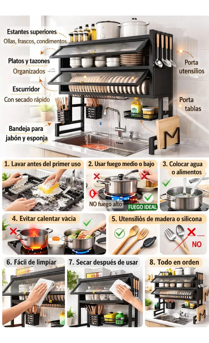 Escurridor Organizador De Platos 65cm Doble Tapa Negro