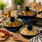 Set de sartenes Renahouse antiadherentes tipo granito con tapas, 6 piezas