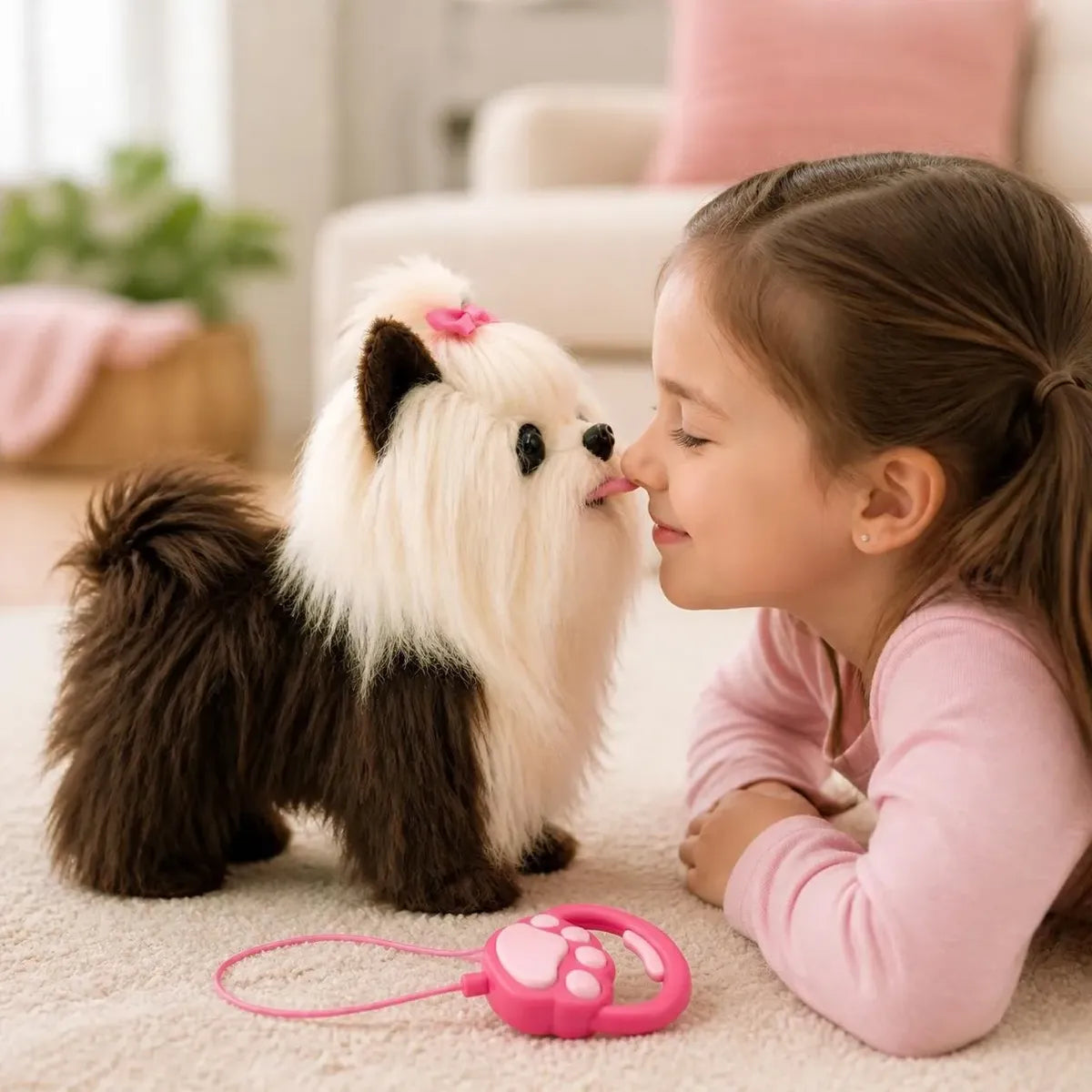 Perrito beige jugando con una niña