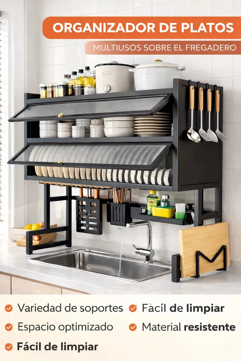 Escurridor Organizador De Platos 65cm Doble Tapa Negro