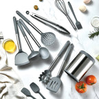 Utensilios De Cocina Silicona Resistente 12 Piezas Con Base Metalica Giratoria Negro