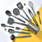 Utensilios De Cocina Silicona Resistente 12 Piezas Con Base Metalica Giratoria Negro