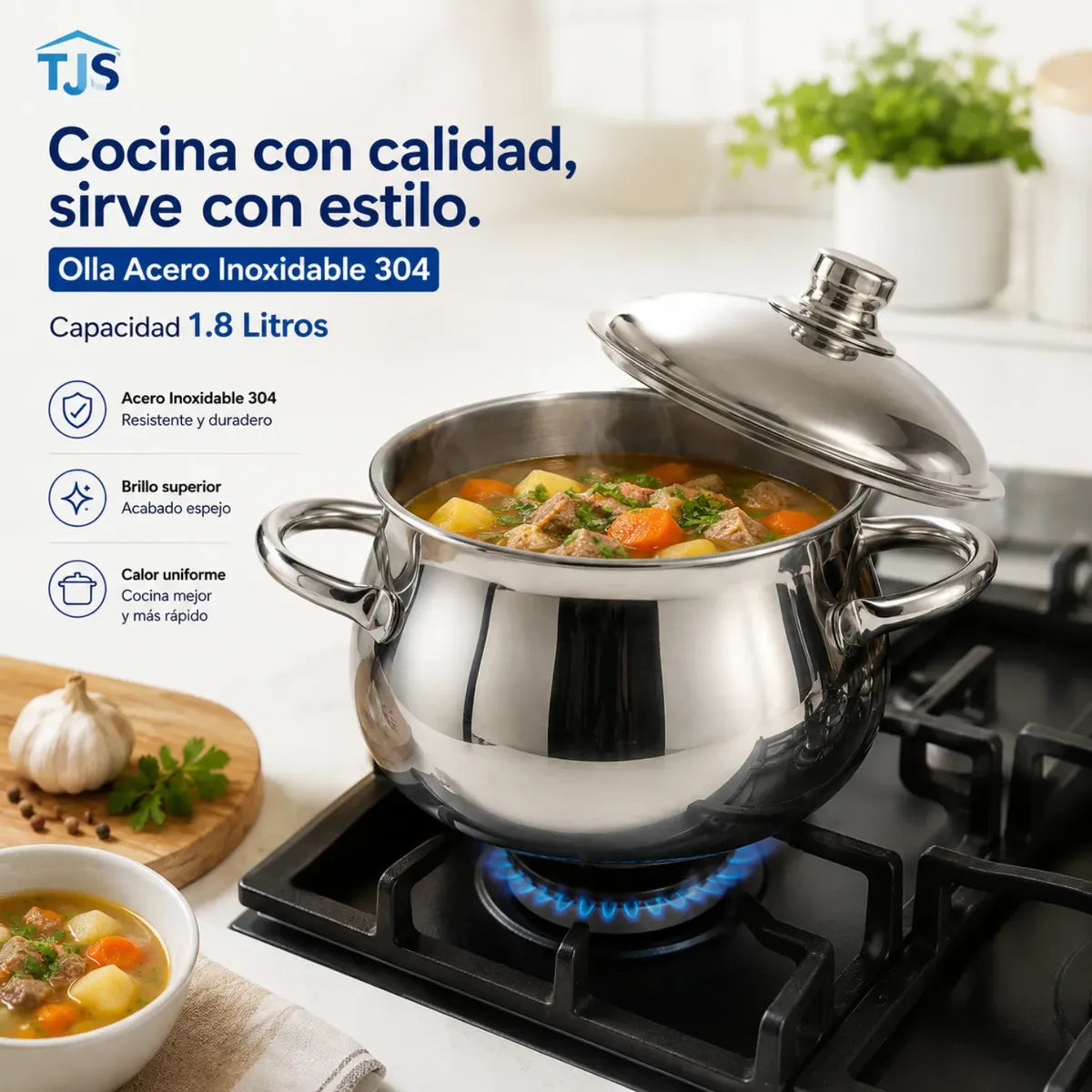 Olla Acero Quirurgico T304 Premium Perla 1.8 Litros Con Tapa
