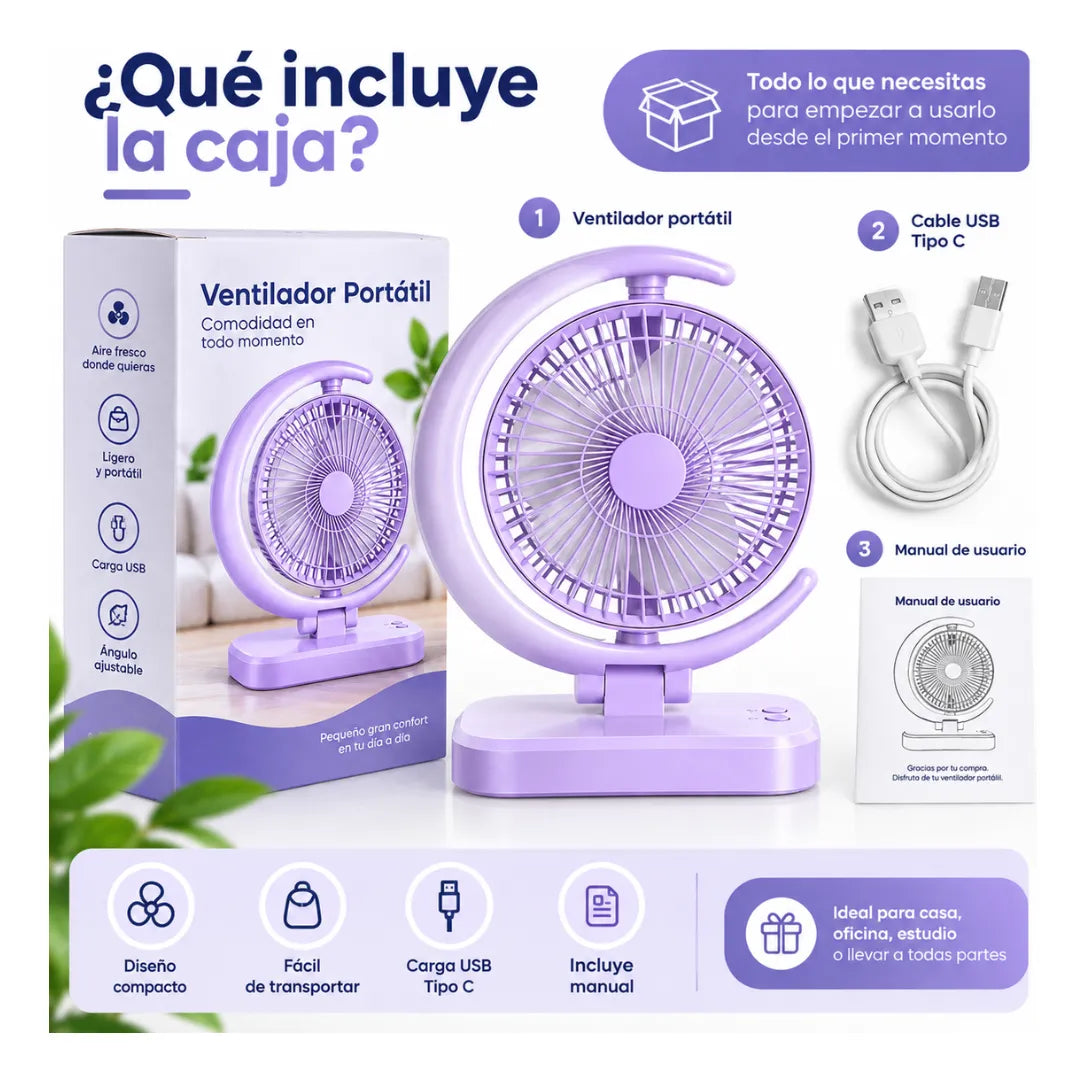 Ventilador Portátil Recargable Usb Lampara Led Velocidades 3