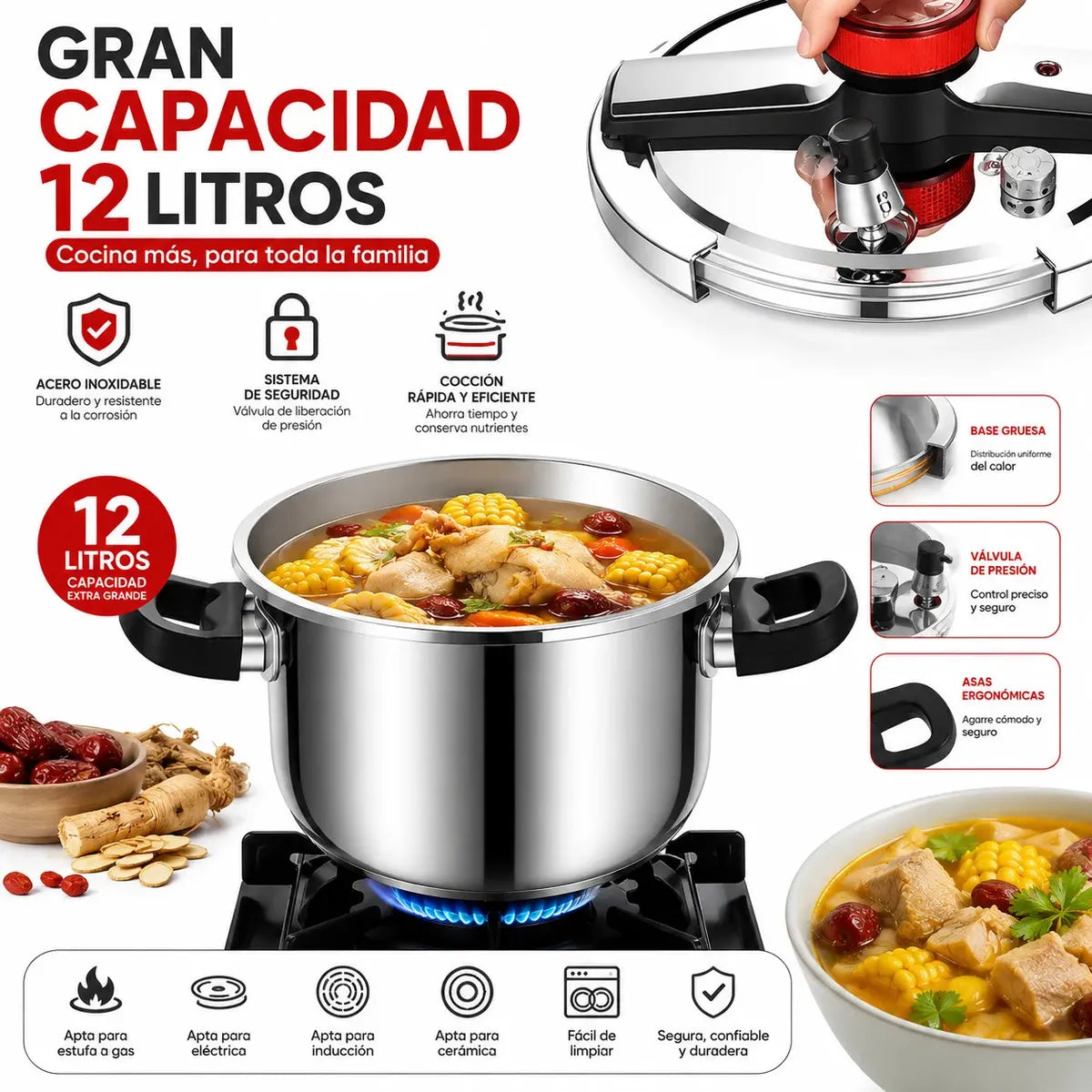 Olla A Presión Express Acero Quirurgico Cierre De Clip 12lts