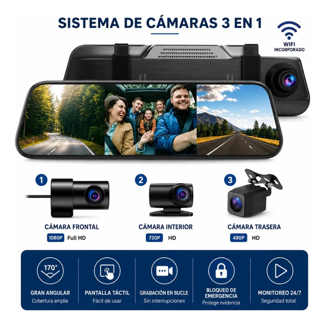 Espejo Retrovisor 3 Camaras Interior Exterior Tactil 1080p