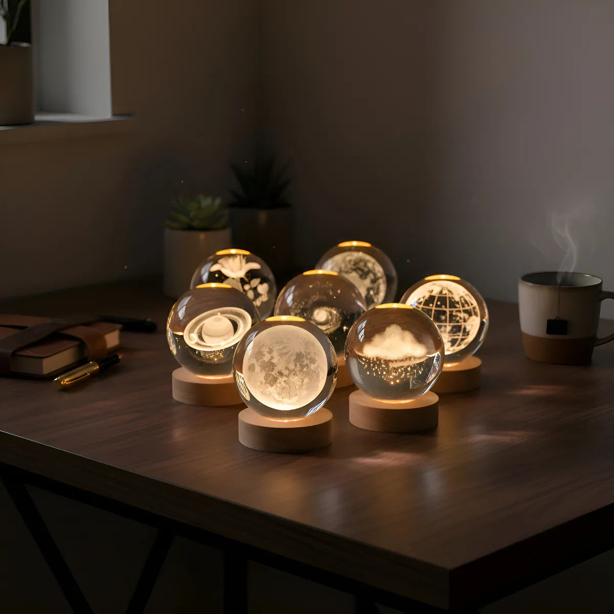 Lámpara Led Bola Cristal Sistema Solar Luna Luz Cálida Usb