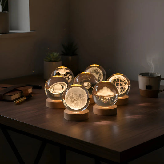 Lámpara Led Bola Cristal Sistema Solar Luna Luz Cálida Usb