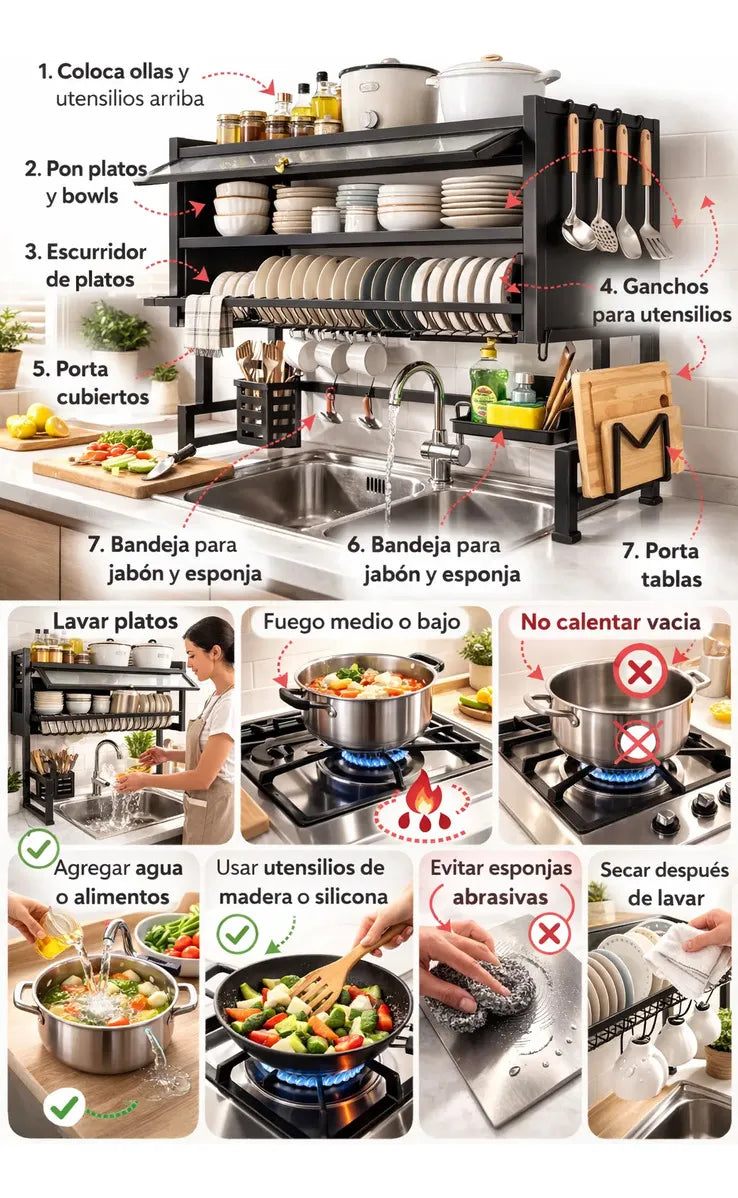 Escurridor Organizador De Platos 65cm Doble Tapa Negro