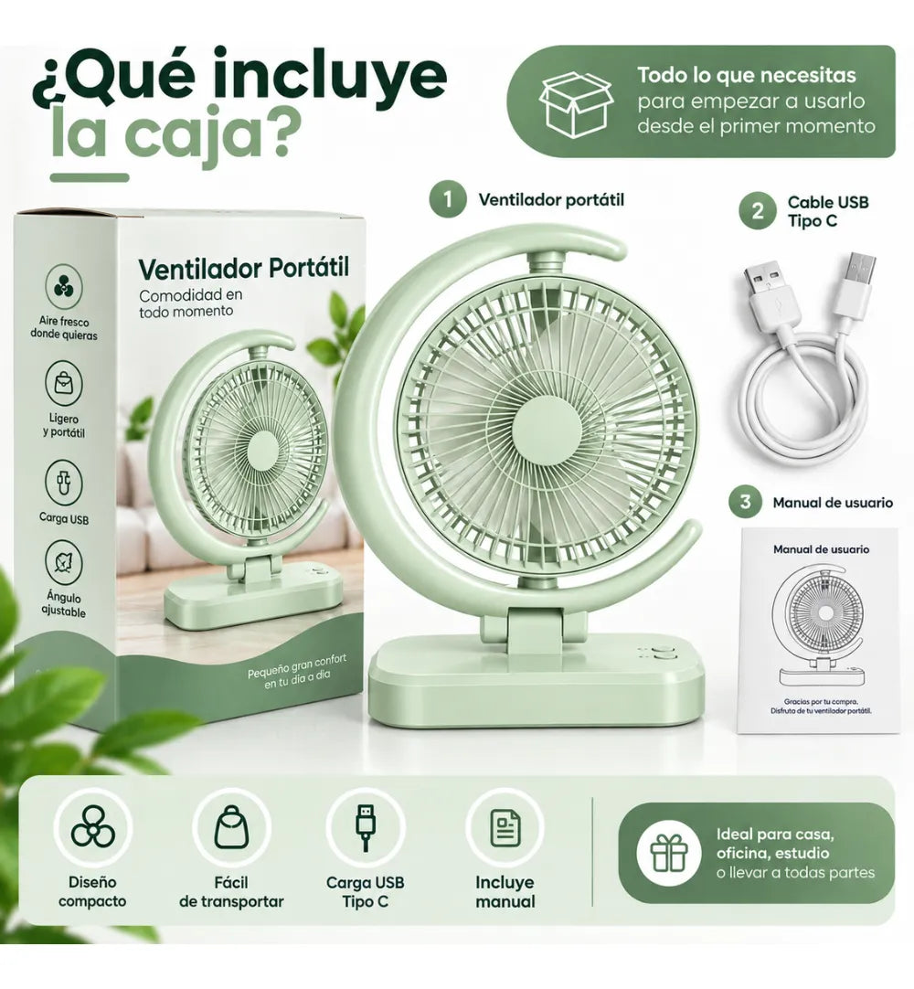 Ventilador Portátil Recargable Usb Lampara Led Velocidades 3