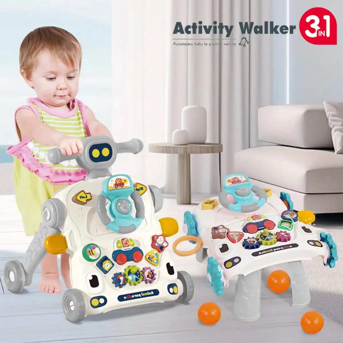 Caminador 3 en 1 en configuración de andador y mesa de actividades