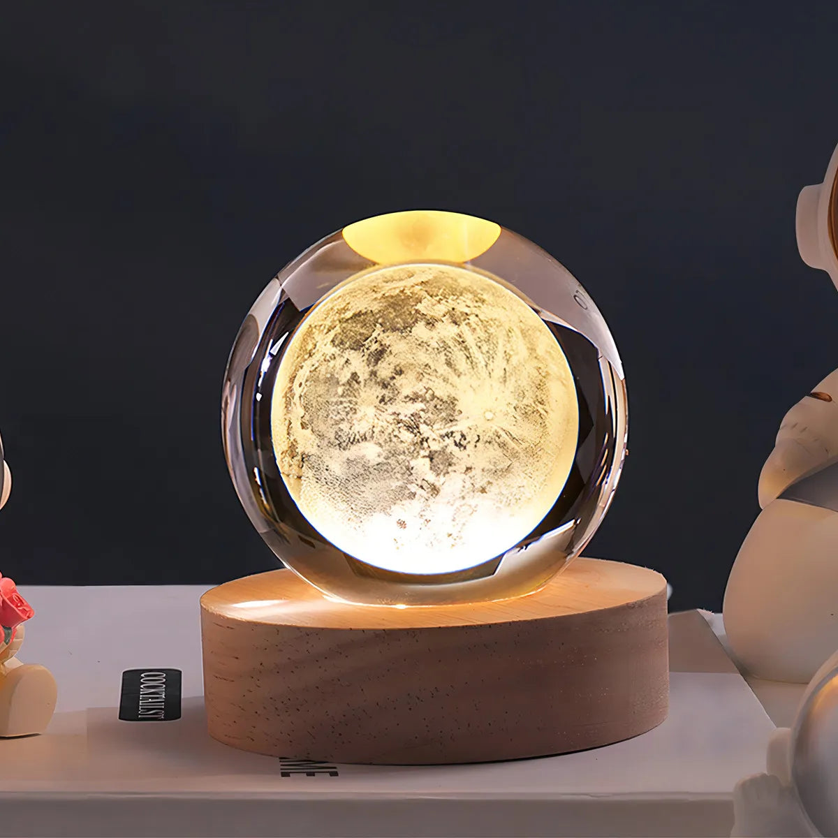 Lámpara Led Bola Cristal Sistema Solar Luna Luz Cálida Usb