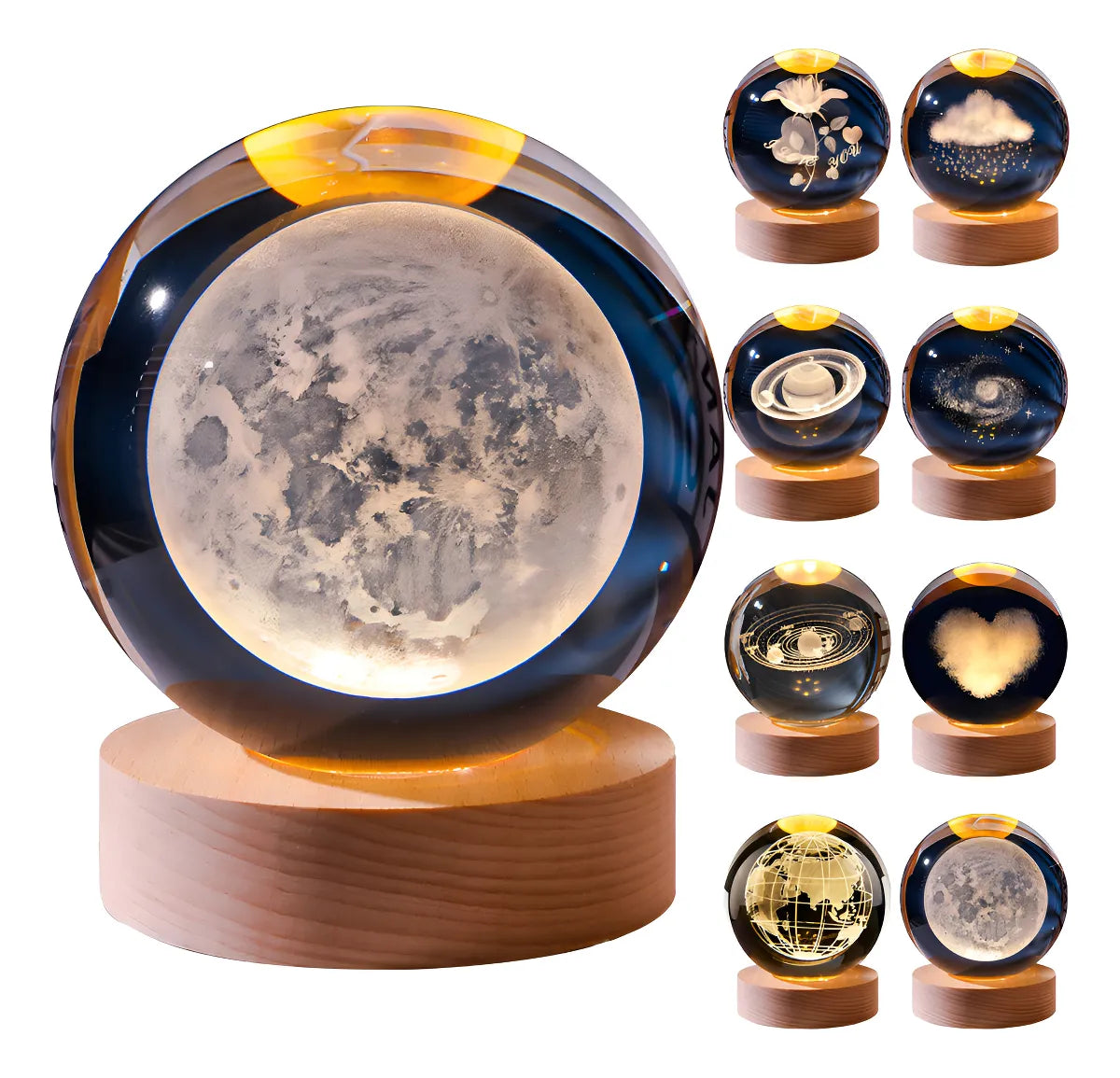 Lámpara Led Bola Cristal Sistema Solar Luna Luz Cálida Usb