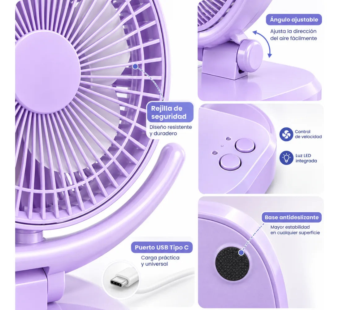 Ventilador Portátil Recargable Usb Lampara Led Velocidades 3