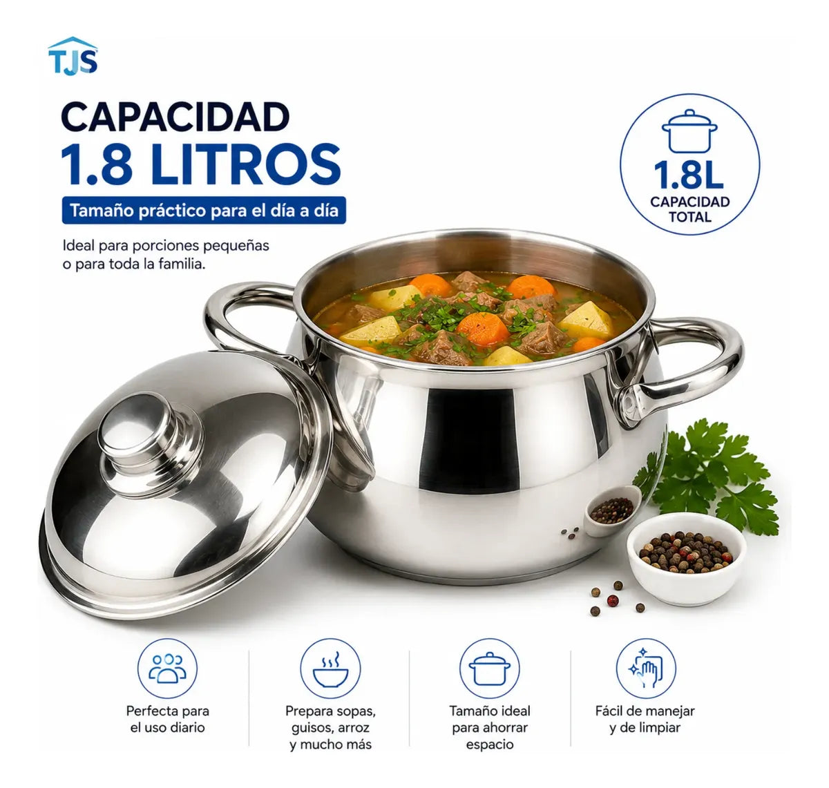 Olla Acero Quirurgico T304 Premium Perla 1.8 Litros Con Tapa
