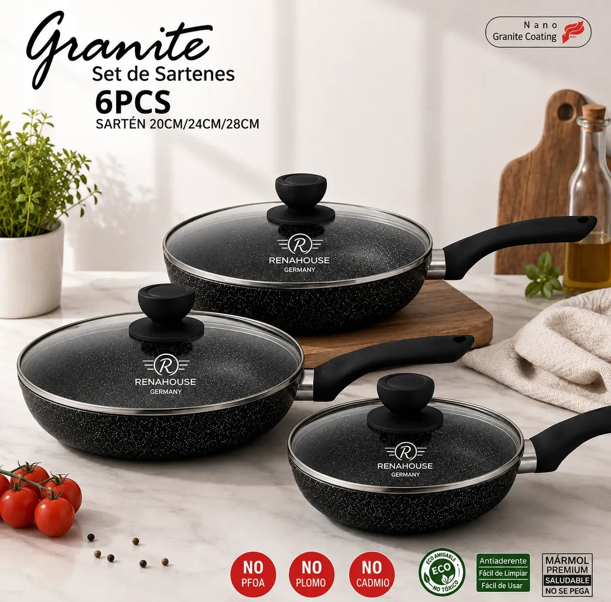 Set de sartenes Renahouse antiadherentes tipo granito con tapas, 6 piezas