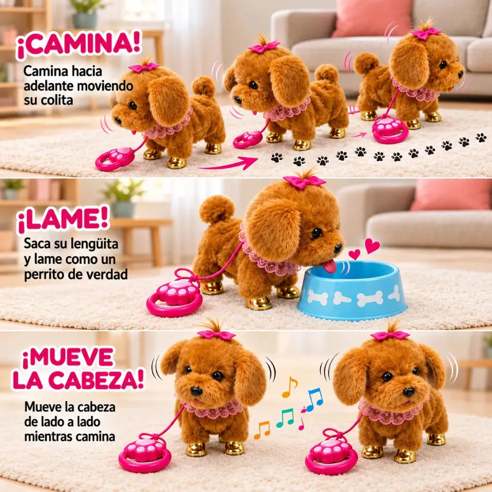 Perrito café: caminata y movimientos de lengua y cabeza