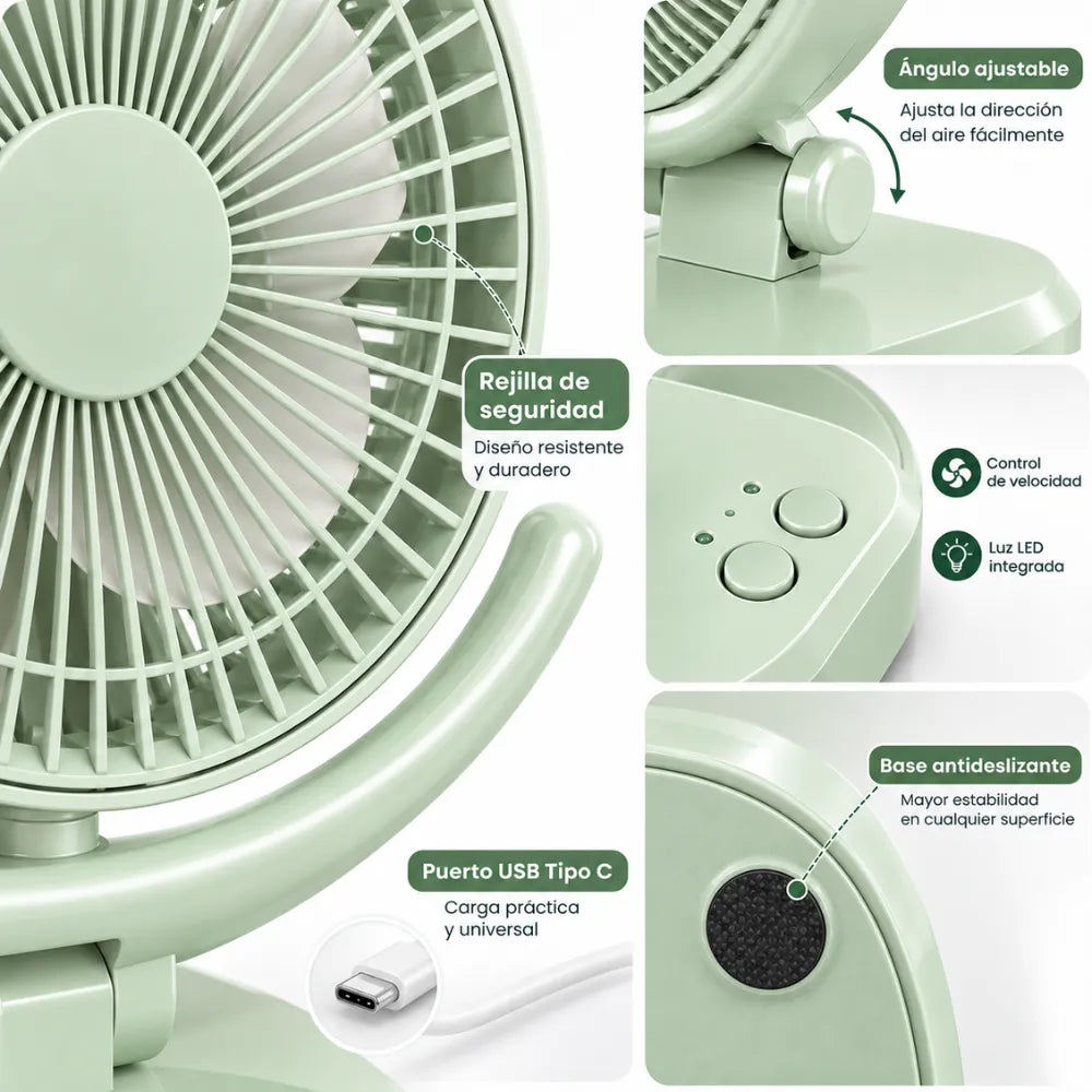 Ventilador Portátil Recargable Usb Lampara Led Velocidades 3