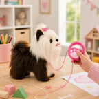 Detalle del mando con correa del perrito beige