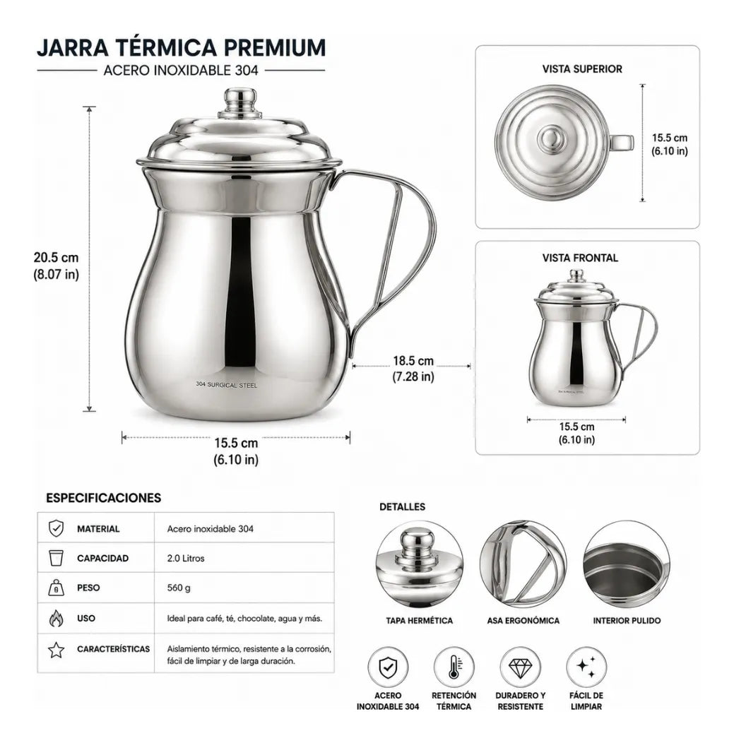 Olleta Jarra Acero Quirúrgico T304 2 Litros Multiusos Tapa