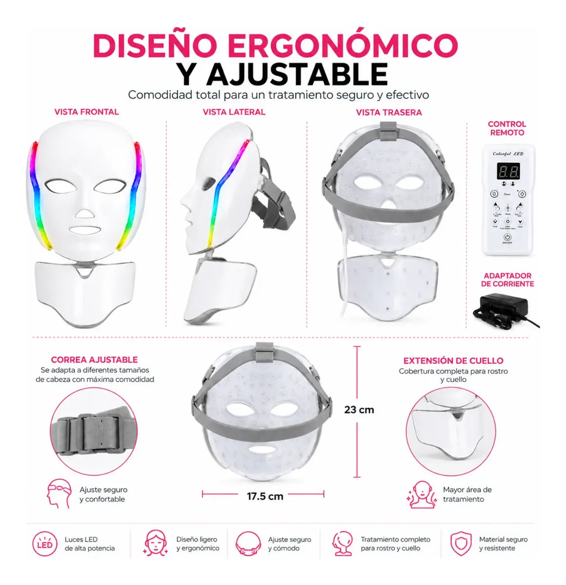 Máscara Led Facial Hyiear 7 Colores Rejuvenecimiento 192 Led