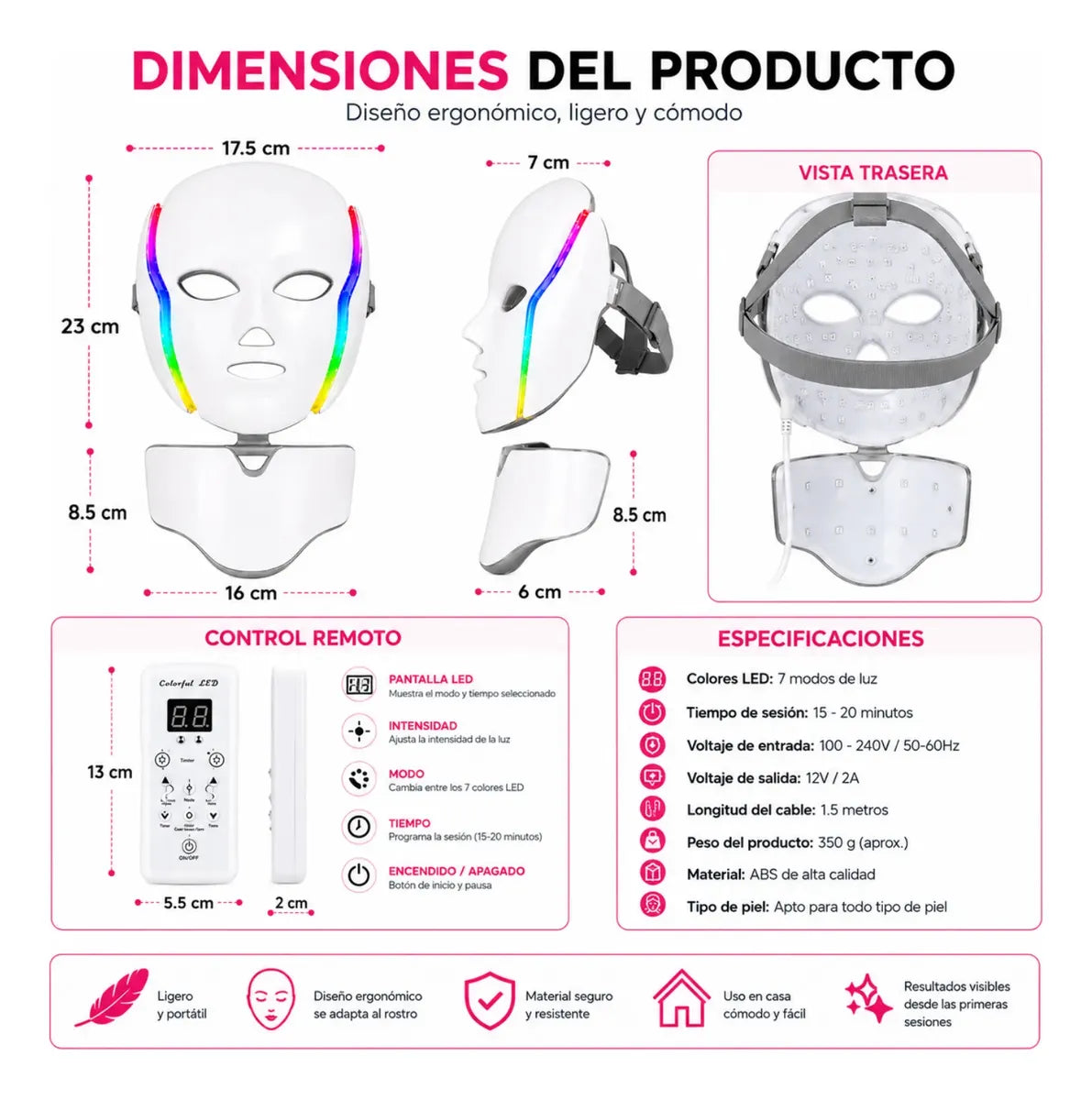 Máscara Led Facial Hyiear 7 Colores Rejuvenecimiento 192 Led
