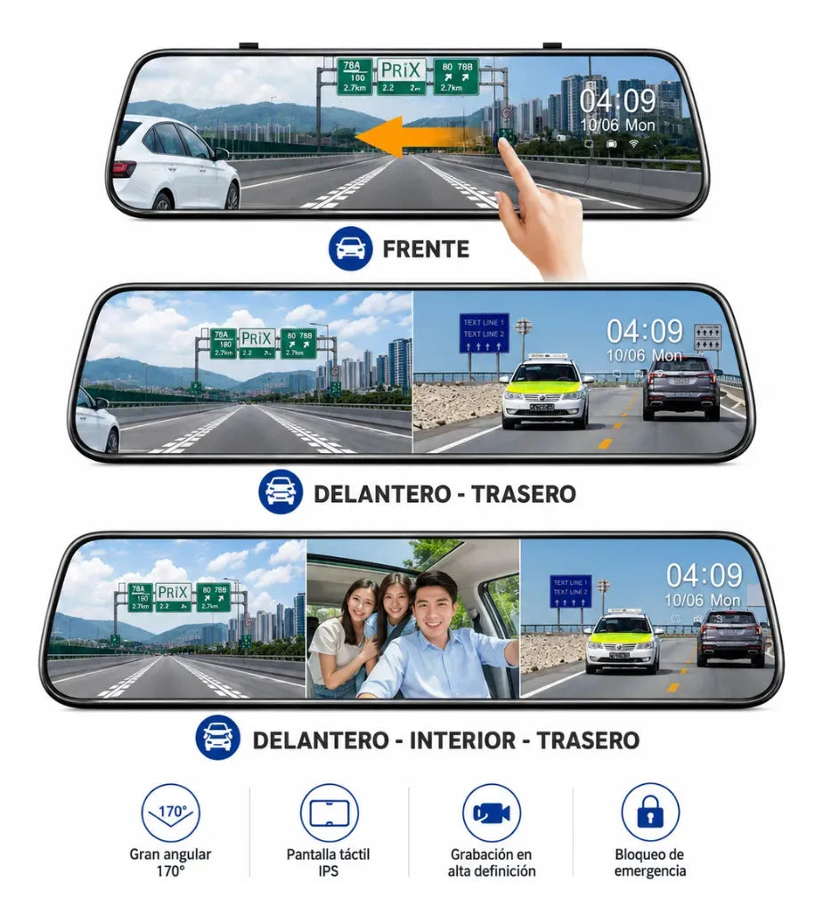 Espejo Retrovisor 3 Camaras Interior Exterior Tactil 1080p