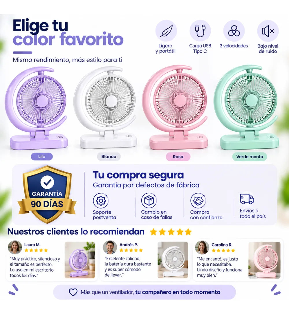 Ventilador Portátil Recargable Usb Lampara Led Velocidades 3