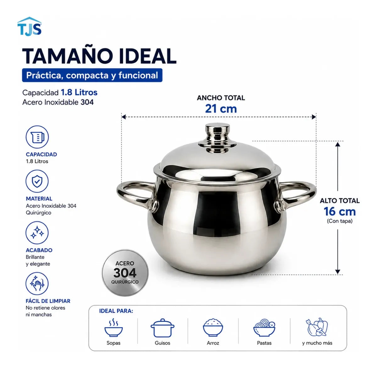 Olla Acero Quirurgico T304 Premium Perla 1.8 Litros Con Tapa