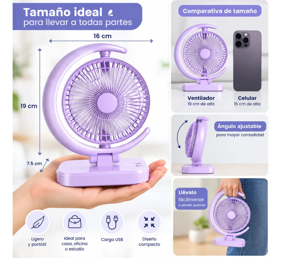 Ventilador Portátil Recargable Usb Lampara Led Velocidades 3