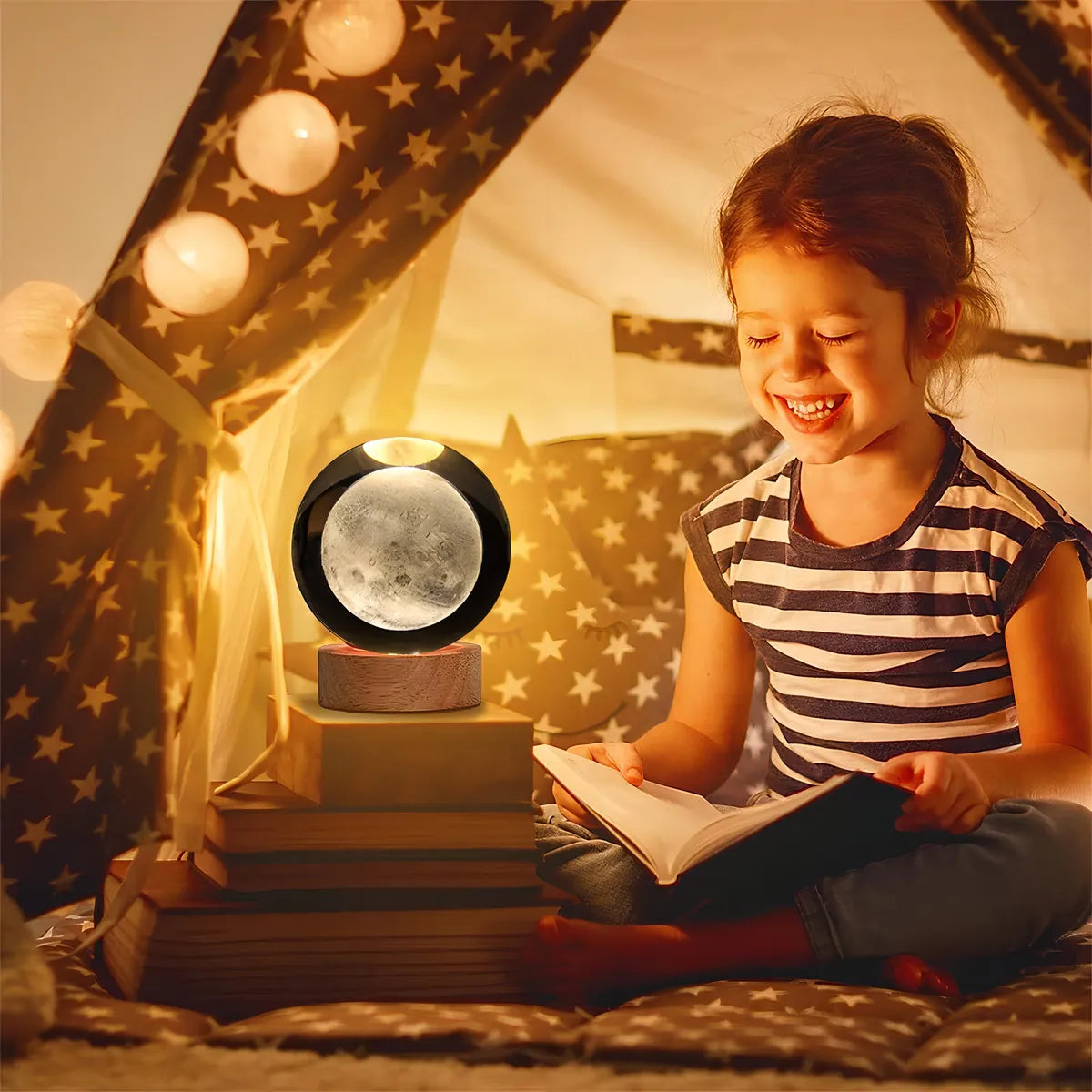 Lámpara Led Bola Cristal Sistema Solar Luna Luz Cálida Usb