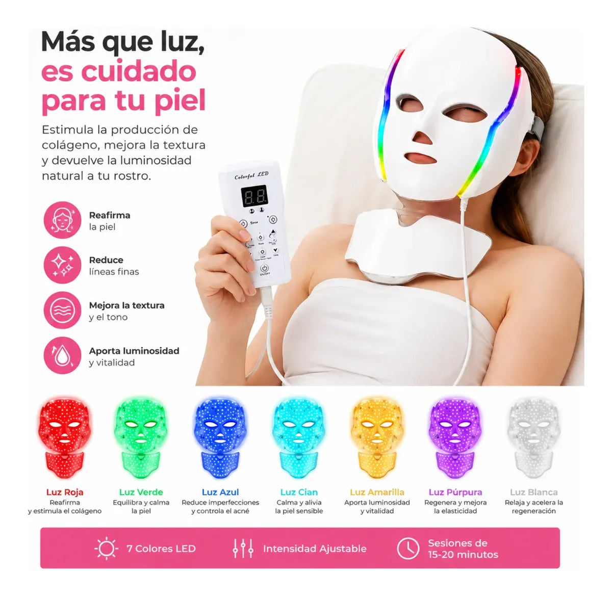 Máscara Led Facial Hyiear 7 Colores Rejuvenecimiento 192 Led