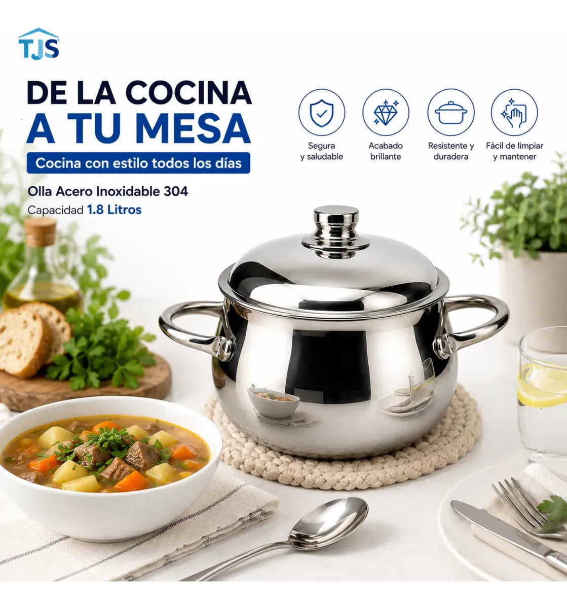 Olla Acero Quirurgico T304 Premium Perla 1.8 Litros Con Tapa