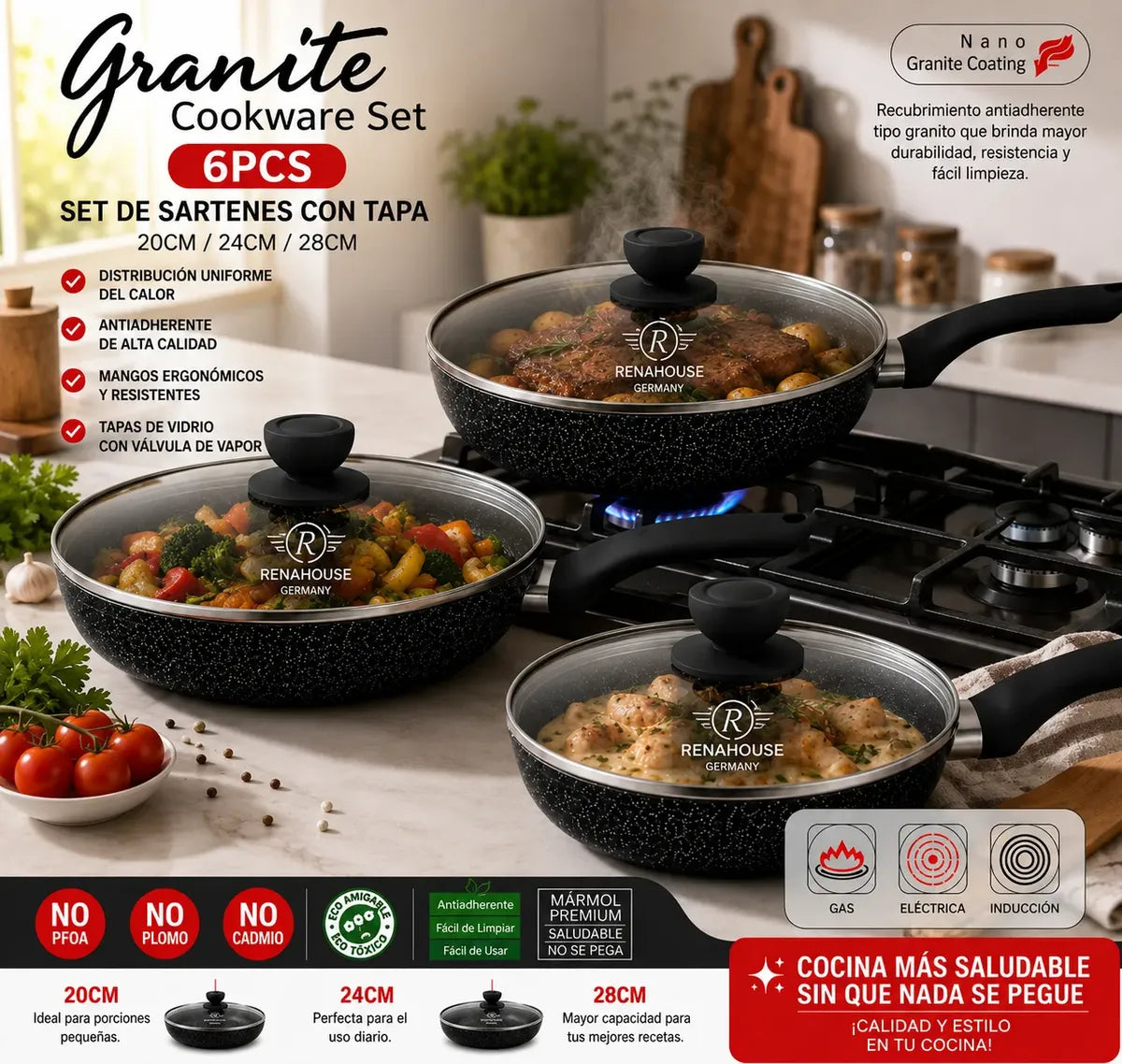 Set de sartenes Renahouse antiadherentes tipo granito con tapas, 6 piezas